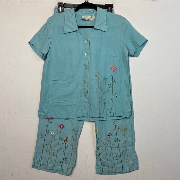 LA Blend 100% Linen Light Blue Embroidered Beaded Top Pants Set Size Medium - Picture 1 of 16